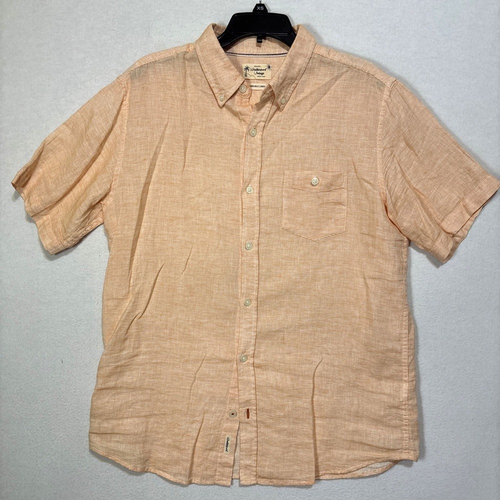 Weatherproof Vtg Men's Large Linen Short Sleeve Button-Up Shirt Orange White
